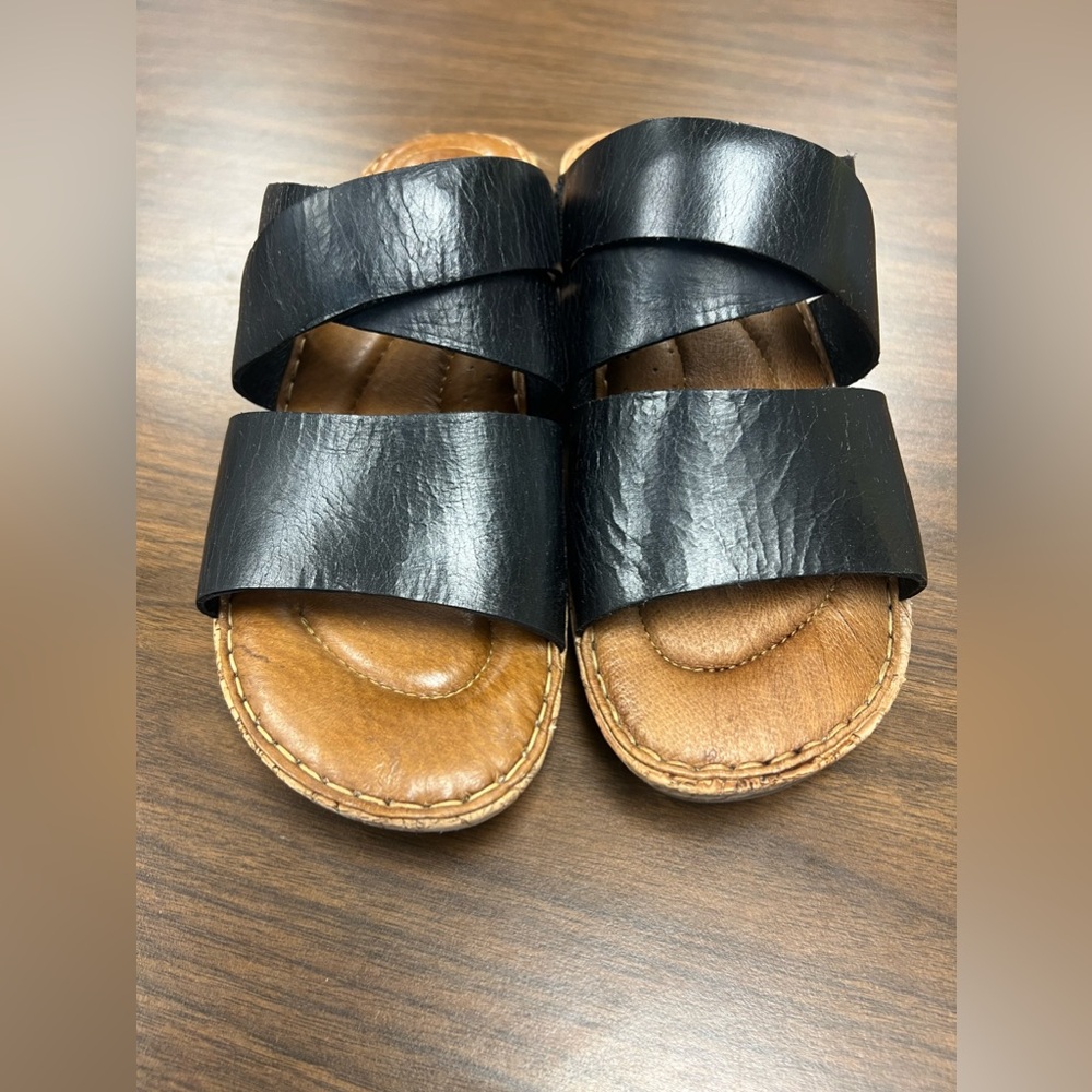 Born Black and Tan Leather Double-Band Slide Sandals